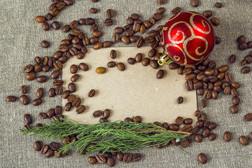 Blank card with coffee beans and Christmas balls