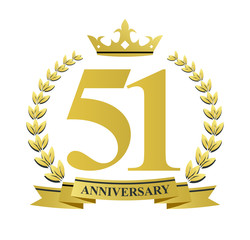 51 anniversary with golden wreath, ribbon and crown