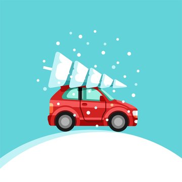Small red car with christmas tree on the top. Preparing for Christmas. Vector Illustration.