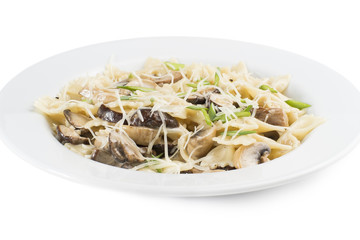 Pasta with mushrooms, Parmesan cheese and green onions