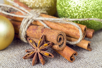 cinnamon sticks with a star anise on a background of Christmas d