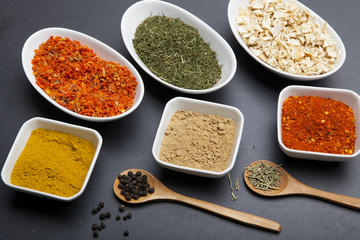 Powder spices on spoons and bowl
