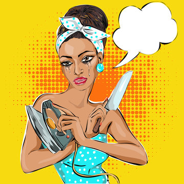 Pin-up woman portrait with knife and iron