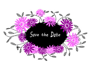 Grunge creative Save the Date card or print - calligraphy text on watercolor blotch with black branch with leaf and pink flowers around. Trendy flourish background for young. Vector design element. 