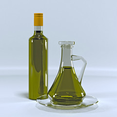 Glass jug and a bottle of olive oil.