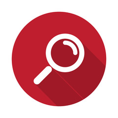 Flat Magnifying Glass icon with long shadow on red circle
