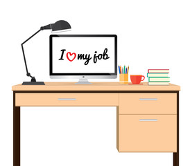 Computer desk on white background, workplace cartoon, business concept, vector