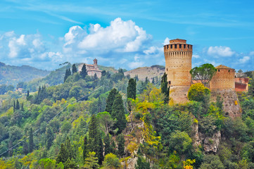 landscape of Brisighella with Santuario del Monticino and fortre - obrazy, fototapety, plakaty