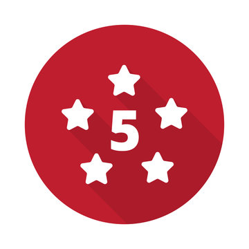 Flat Five Star icon with long shadow on red circle