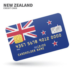 Credit card with New Zealand flag background for bank, presentations and business. Isolated on white