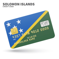 Credit card with Solomon Islands flag background for bank, presentations and business. Isolated on white