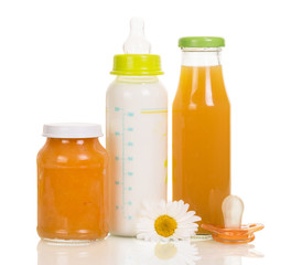 Bottles with milk and juice