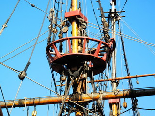 The Golden Hinde is docked at the side of the River Thames, London, England, UK. It is a full sized exact replica of Sir Francis Drake's 16th Century warship
