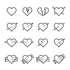Heart and arrow icons set black and white color isolated on whit