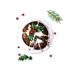 Schilderijen op glas Christmas Pudding - Watercolor Food Collection © nataliahubbert