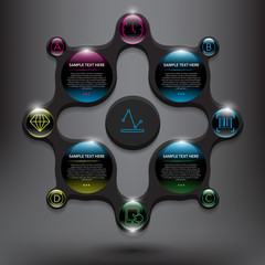 Abstract infographic with circle elements. Glossy and transparent on the black panel. Use for business concept. 4 parts concept. Vector illustration. Eps10.
