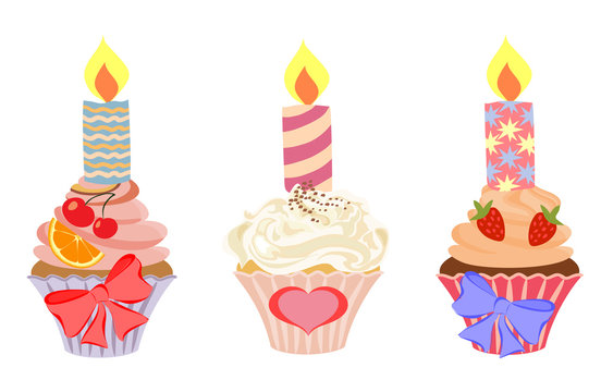 Vector set of cupcakes with burning candles.