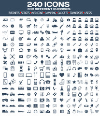 Set of 240 icons for different purposes : business,sport, medicine, camping, gadgets, transport, users.