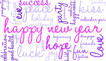 Happy New Year word cloud on a white background. 