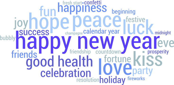 Happy New Year word cloud on a white background. 