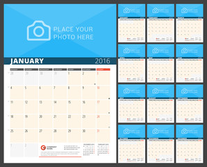 Wall Calendar Planner for 2016 Year. Vector Design Print Template with Place for Photo and Notes. Week Starts Monday. 3 Months on Page. Set of 12 Months