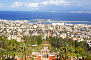 Top view of the Bahai Gardens and Haifa, Israel