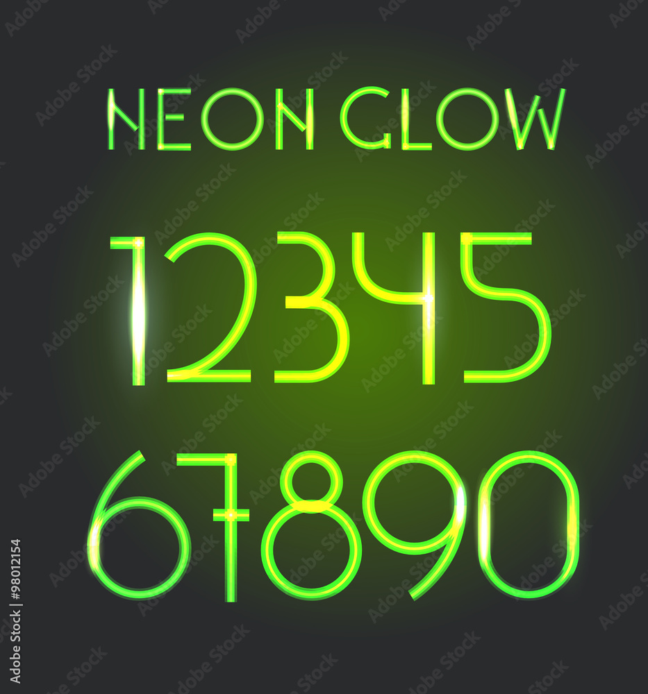 Poster glowing neon elements. lighting digits set