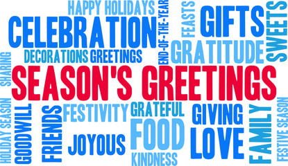 Season's Greetings word cloud on a white background. 