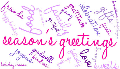 Season's Greetings word cloud on a white background. 