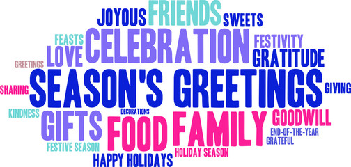 Season's Greetings word cloud on a white background. 