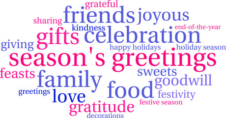 Season's Greetings word cloud on a white background. 