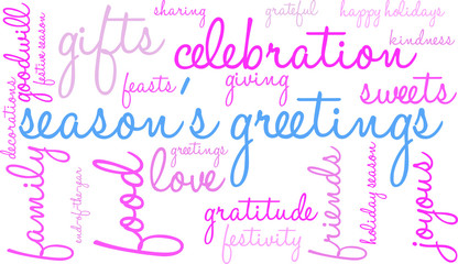 Season's Greetings word cloud on a white background. 