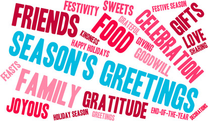 Season's Greetings word cloud on a white background. 