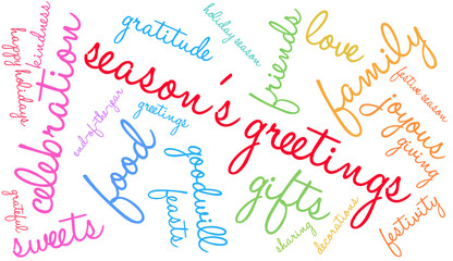 Season's Greetings word cloud on a white background. 