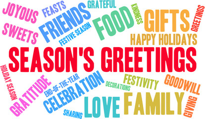 Season's Greetings word cloud on a white background. 