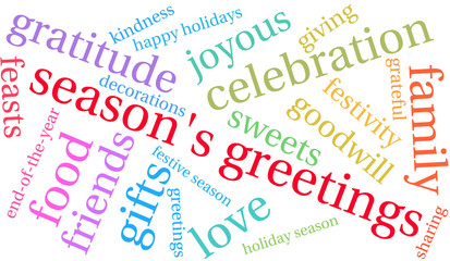 Season's Greetings word cloud on a white background. 