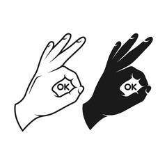 Hand making okay sign. Black and white variants.