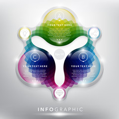 Abstract infographic with circle elements. Glossy and transparent on the white panel. Use for business concept. 3 parts concept. Vector illustration. Eps10.