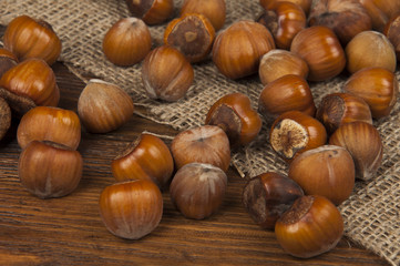 hazelnuts on a wooden table