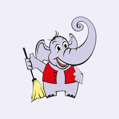 Cheerful elephant with a mop
