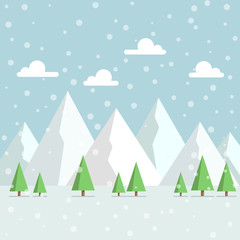 Snowy Mountains Peak with woods and falling snow from the sky flat style illustration