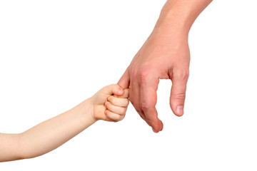 a father  holds the hand of a small child on a white  background