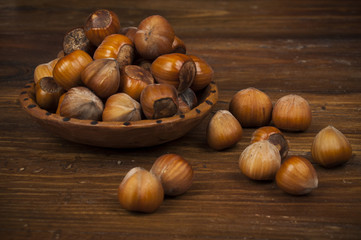 hazelnuts on a wooden table