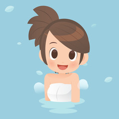 Pretty girls taking bath in onsen hot springs.