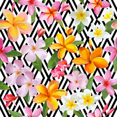 Tropical Flowers and Leaves Geometric Background - Vintage Seamless