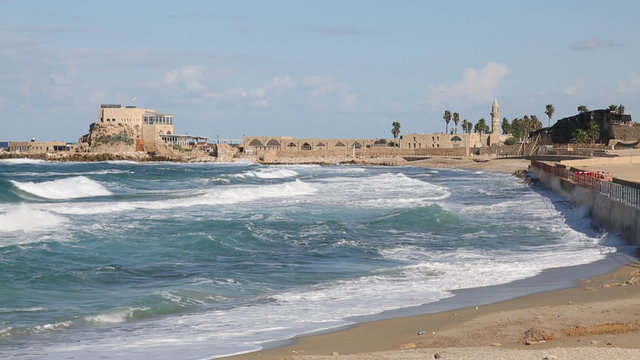 The waves in the Mediterranean Sea off the coast of ancient Caesarea, Israel