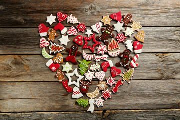 Gingerbread cookies on a grey wooden table