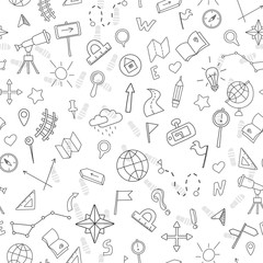 Seamless pattern with hand drawn signs on the theme of geography and travel, black contour on white background