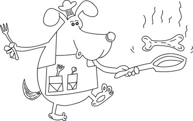 Obraz premium Dog chef holding a pan in his other hand is holding a fork, a black-and-white image on a transparent background