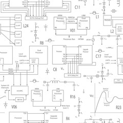 Seamless background with elements of electronic circuits, in the style of technical documentation , the black outline on a white background